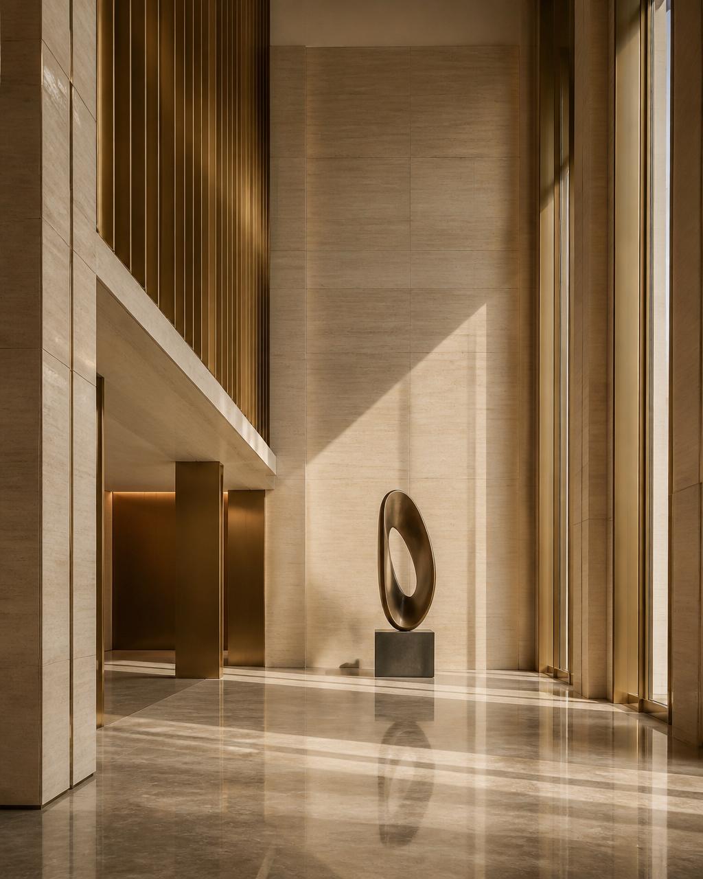 Warm marble and brass architectural interior, evoking institutional trust
